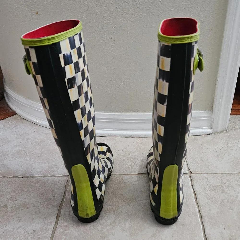 VERY RARE MACKENZIE CHILDS HUNTER COURTLY CHECK GREEN TALL RAIN BOOTS WELLIES 8